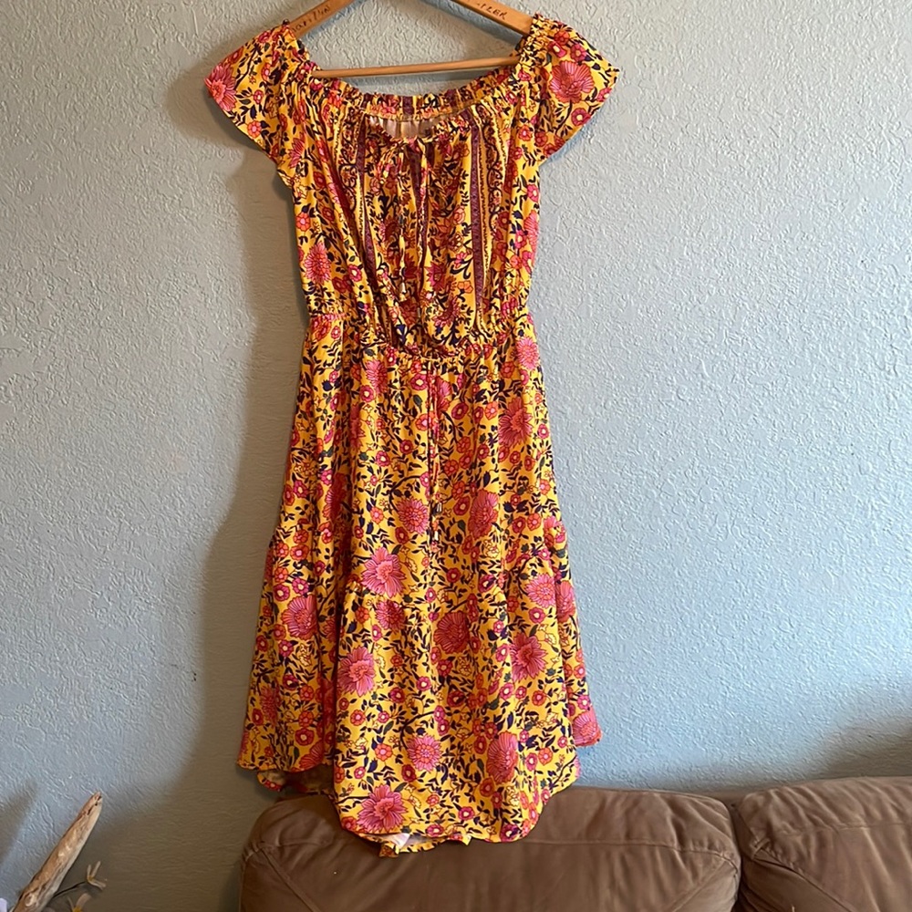 Off should high low señorita dress. Sunflower yellow pink orange blue detail